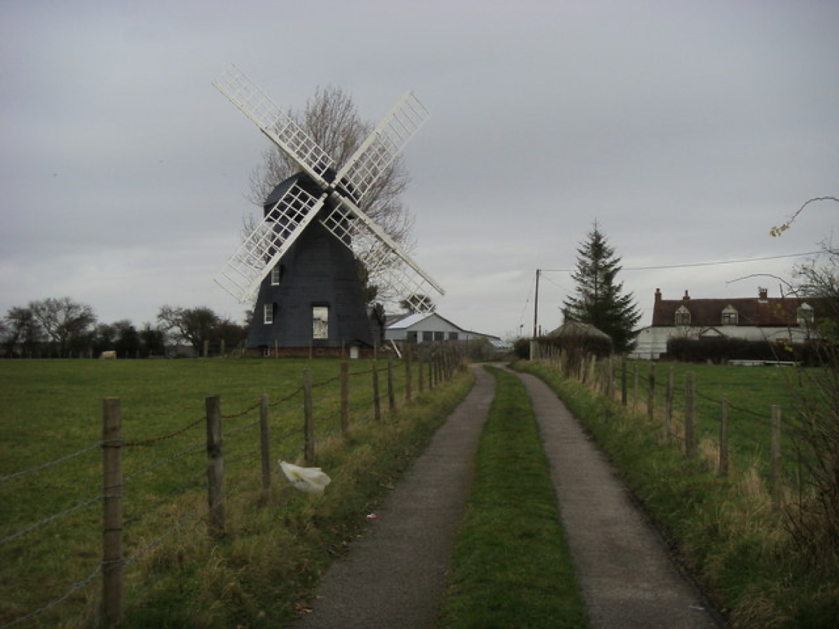 Grünfelder mit Windmühlen