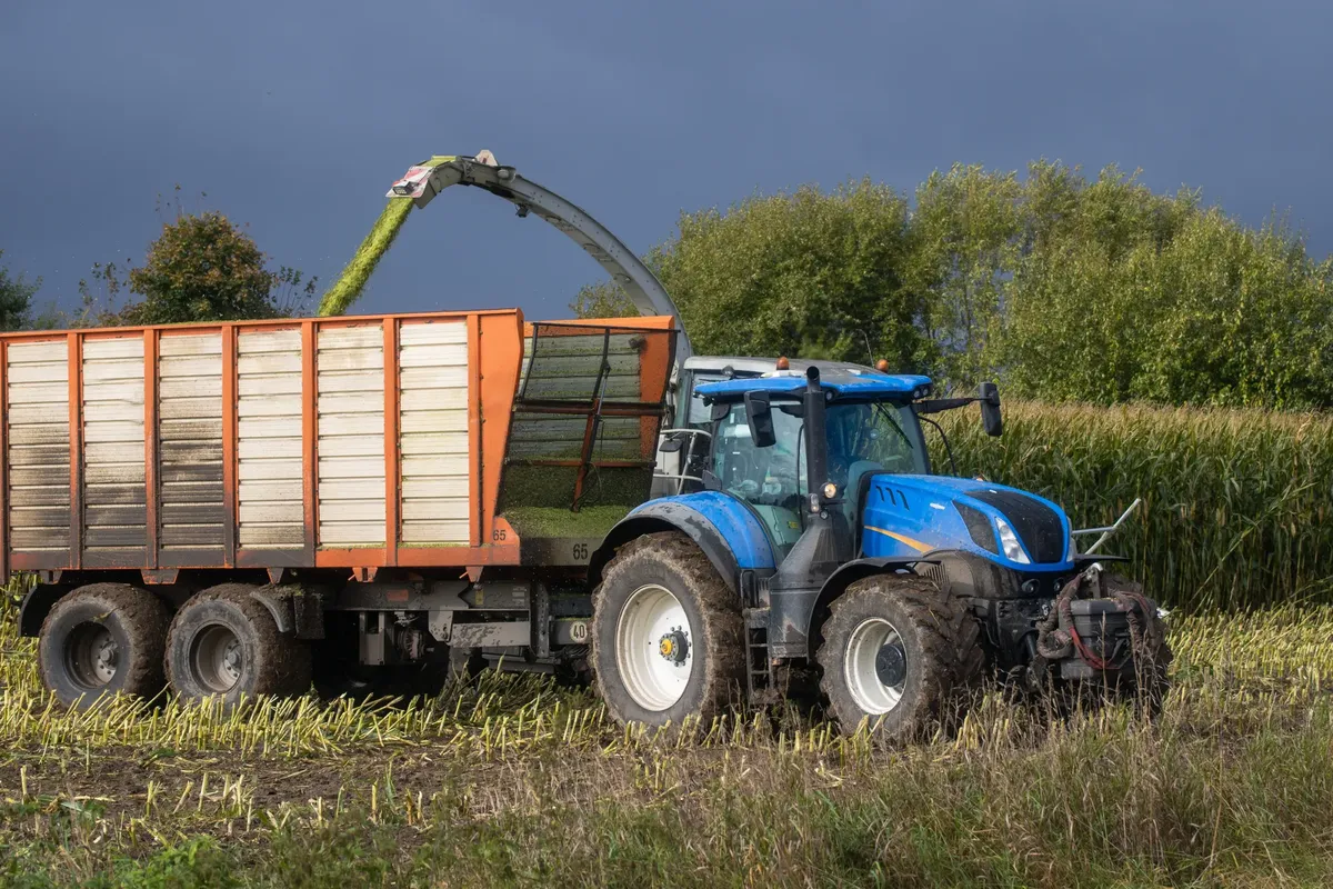 A blue tractor harvester working in a field during the harvest season.