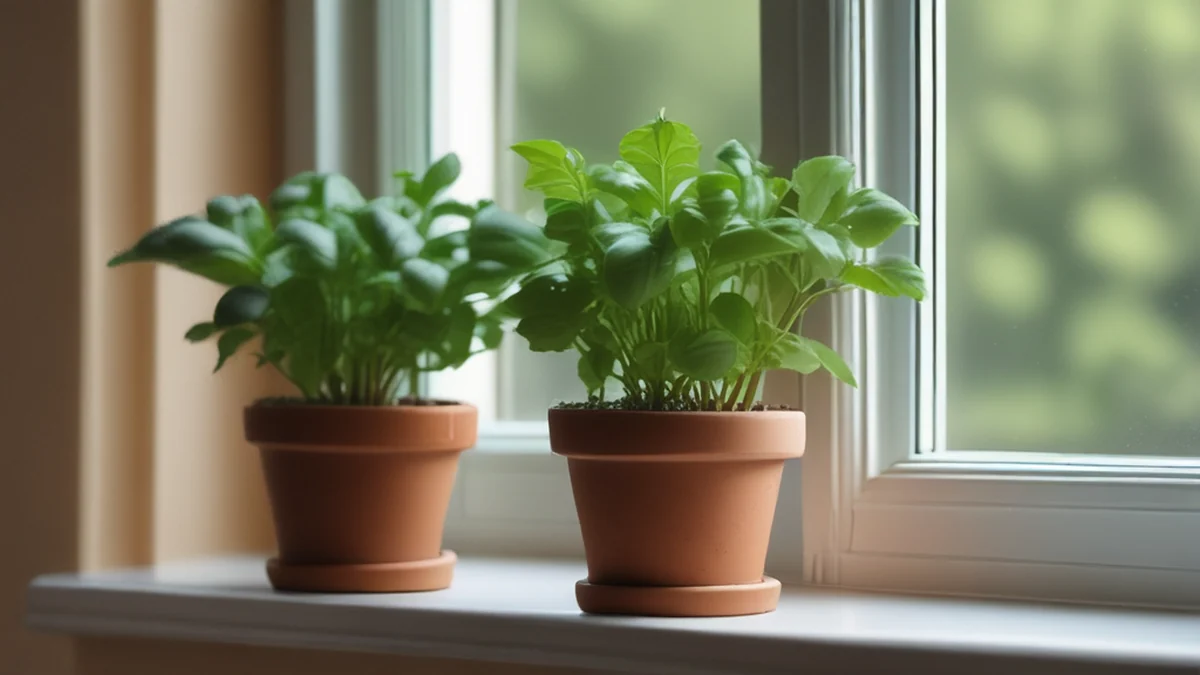 Small pots with fresh herbs like basil, parsley, and thyme.