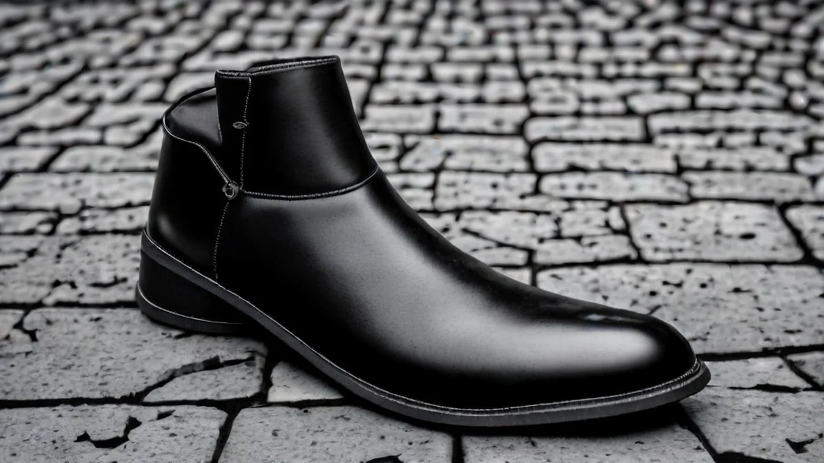Leather ankle boots on cobblestone streets, detailed texture and color