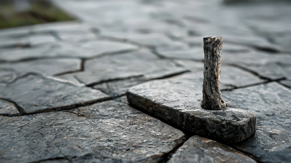 Un clavo de concreto desgajado, fracturado, sobre una superficie de piedra, día nublado, textura desgastada, campo de profundidad suave, realismo fotográfico, enfoque afilado, detalles elevados