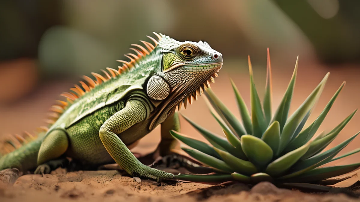 Iguane sur une plante d'agave, échelles vertes, feuilles épineuses, sol sable, lumière chaude, objectif 35mm, mise au point flou, photoréaliste